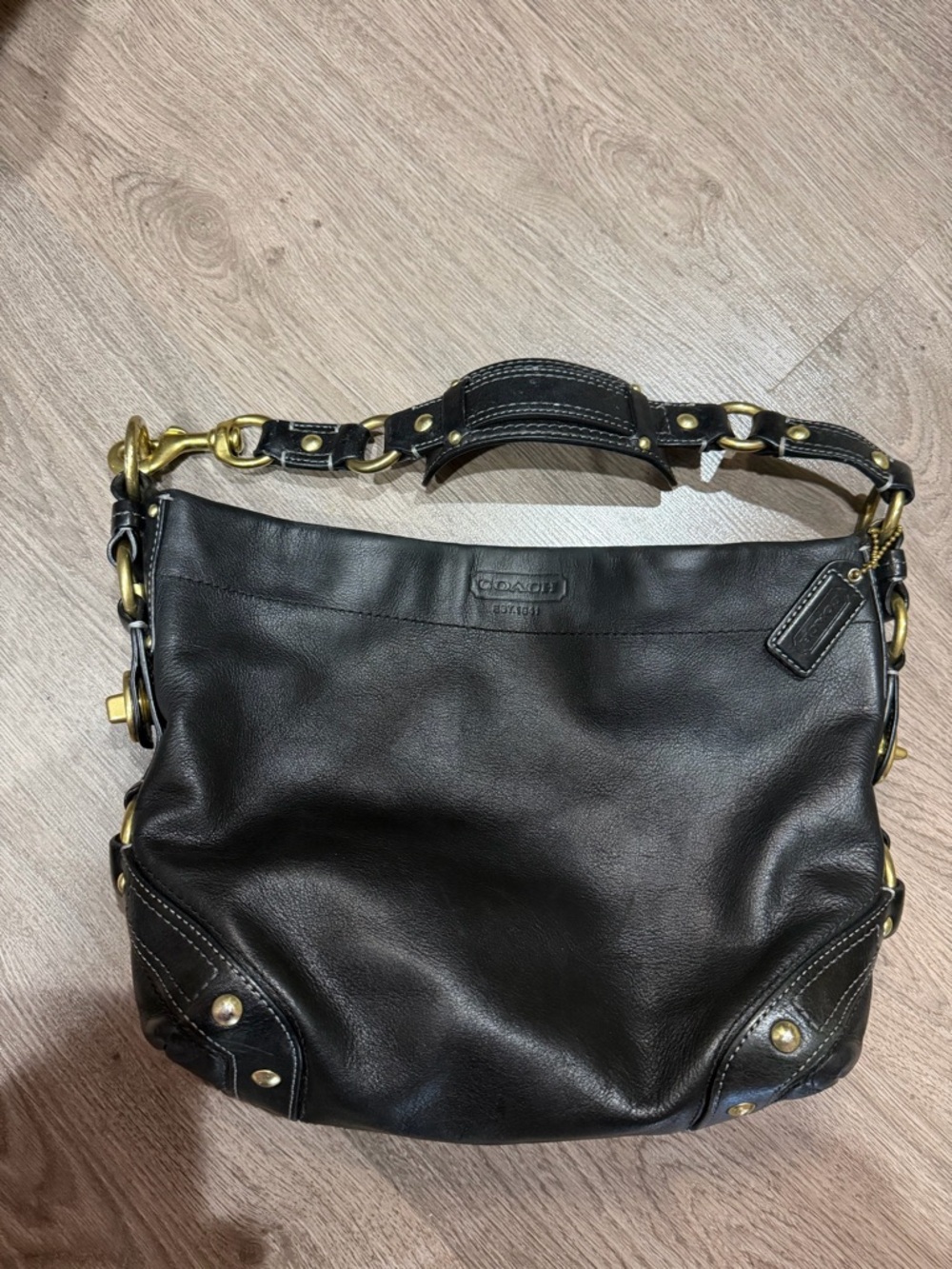 Coach Black Leather Shoulder Bag with Gold-Tone Hardware